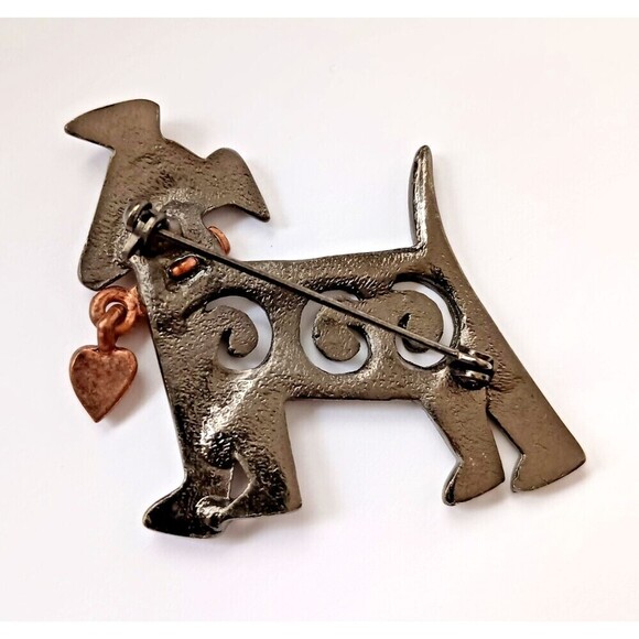 3D Cast Bronze Greyhound Puppy Brooch Moveable Heart Dangle Stylized - Picture 2 of 5